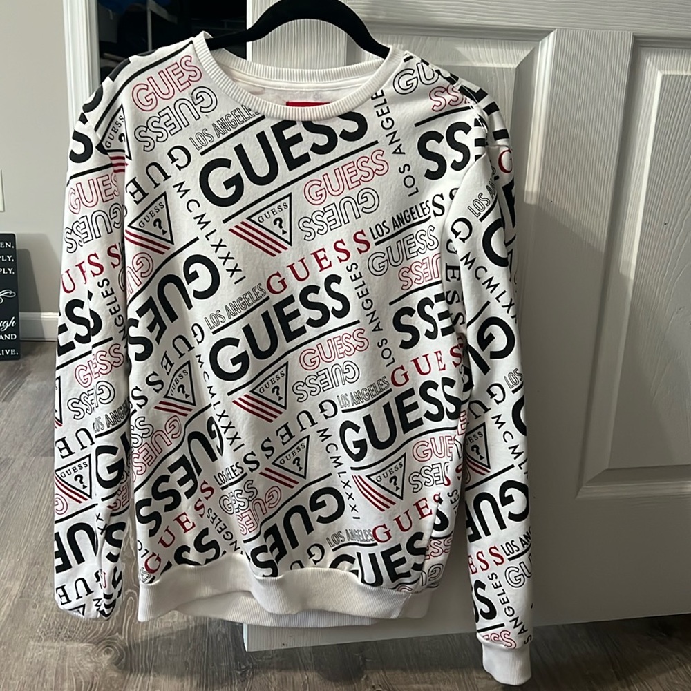 GUESS Los Angeles all over print crewneck sweatshirt with white cuffs